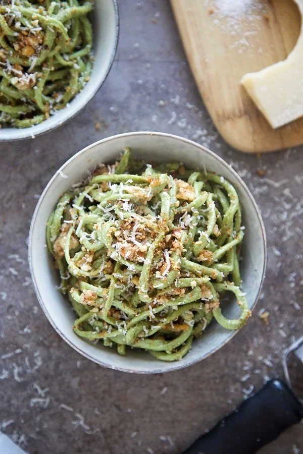 Spinach Bucatini with Brown Butter, Hazelnuts and Breadcrumbs