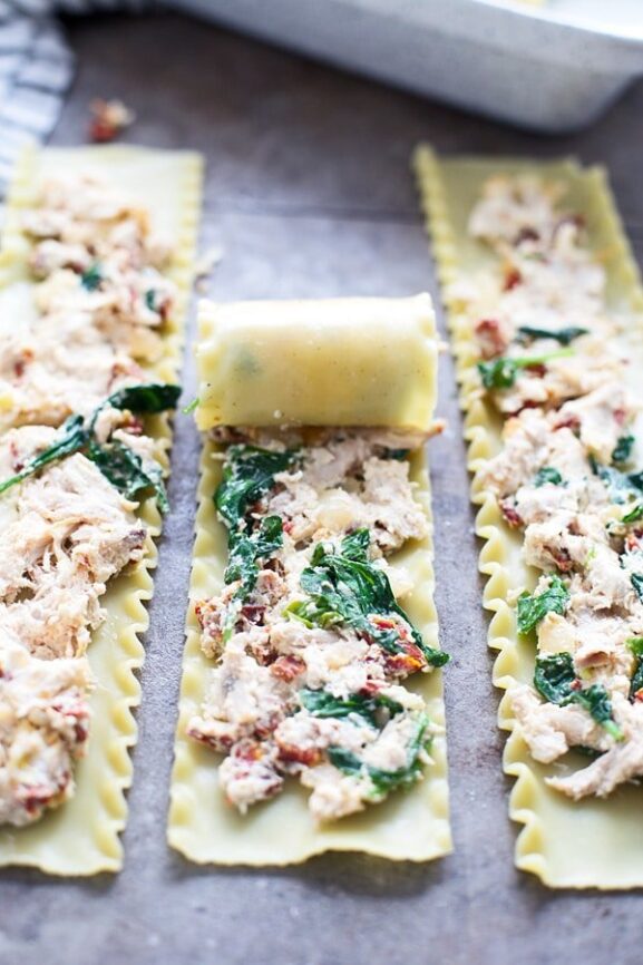 SunDried Tomato and Chicken Lasagna Roll Ups with Pesto Cream
