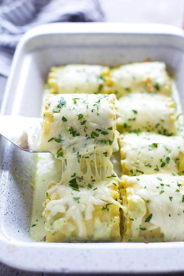 Sun-Dried Tomato and Chicken Lasagna Roll Ups with Pesto Cream