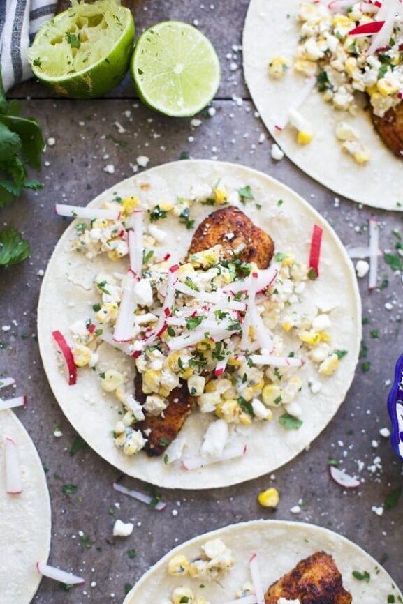 Blackened Tilapia Tacos with Corn Elotes Cooking for Keeps