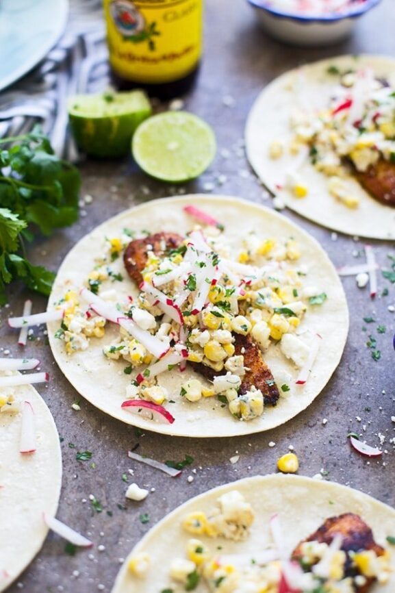 Blackened Tilapia Tacos with Corn Elotes Cooking for Keeps