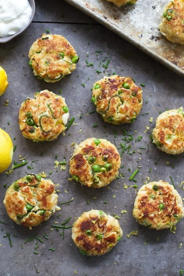 Spring Veggie Crab Cakes with Lemon Yogurt Sauce