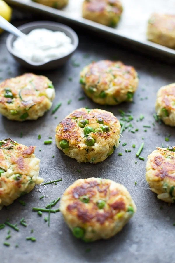 Spring Veggie Crab Cakes with Lemon Yogurt Sauce