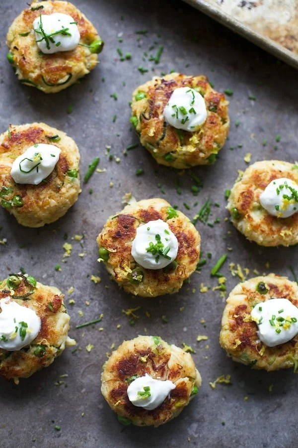 Spring Veggie Crab Cakes with Lemon Yogurt Sauce