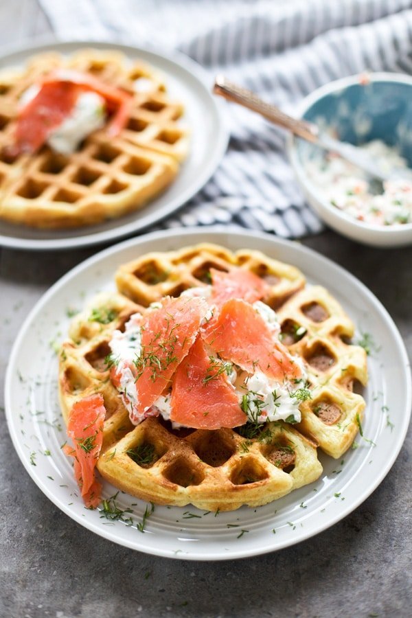 Chive Cheddar Waffles with Lox and Veggie Cream Cheese