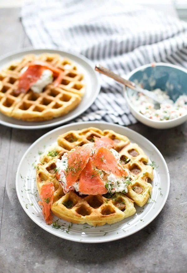 Chive Cheddar Waffles with Lox and Veggie Cream Cheese