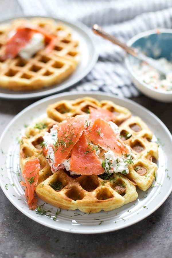 Chive Cheddar Waffles with Lox and Veggie Cream Cheese