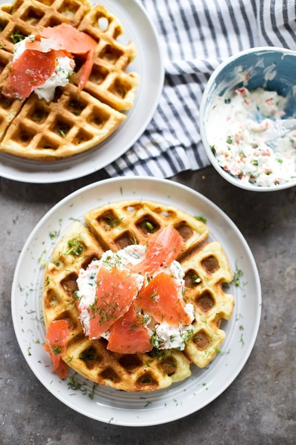 Chive Cheddar Waffles with Lox and Veggie Cream Cheese