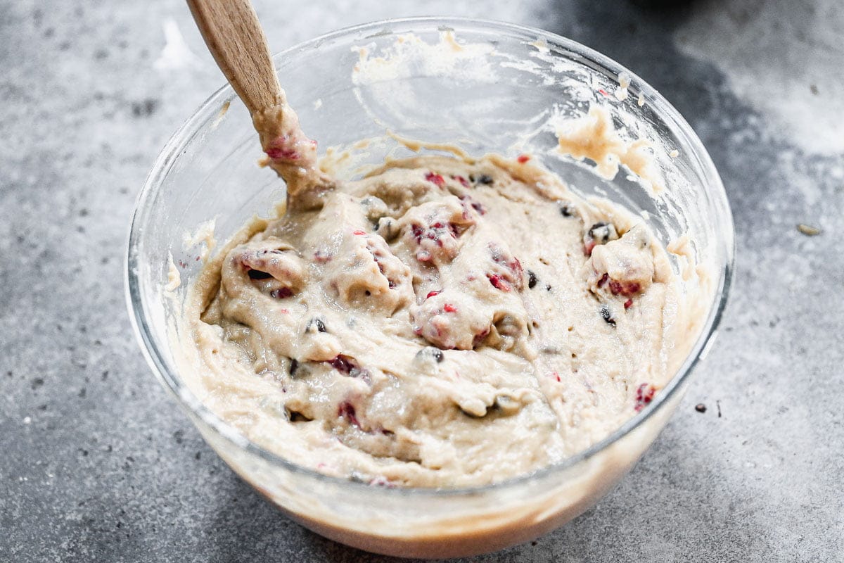 Raspberry muffins batter in the bowl