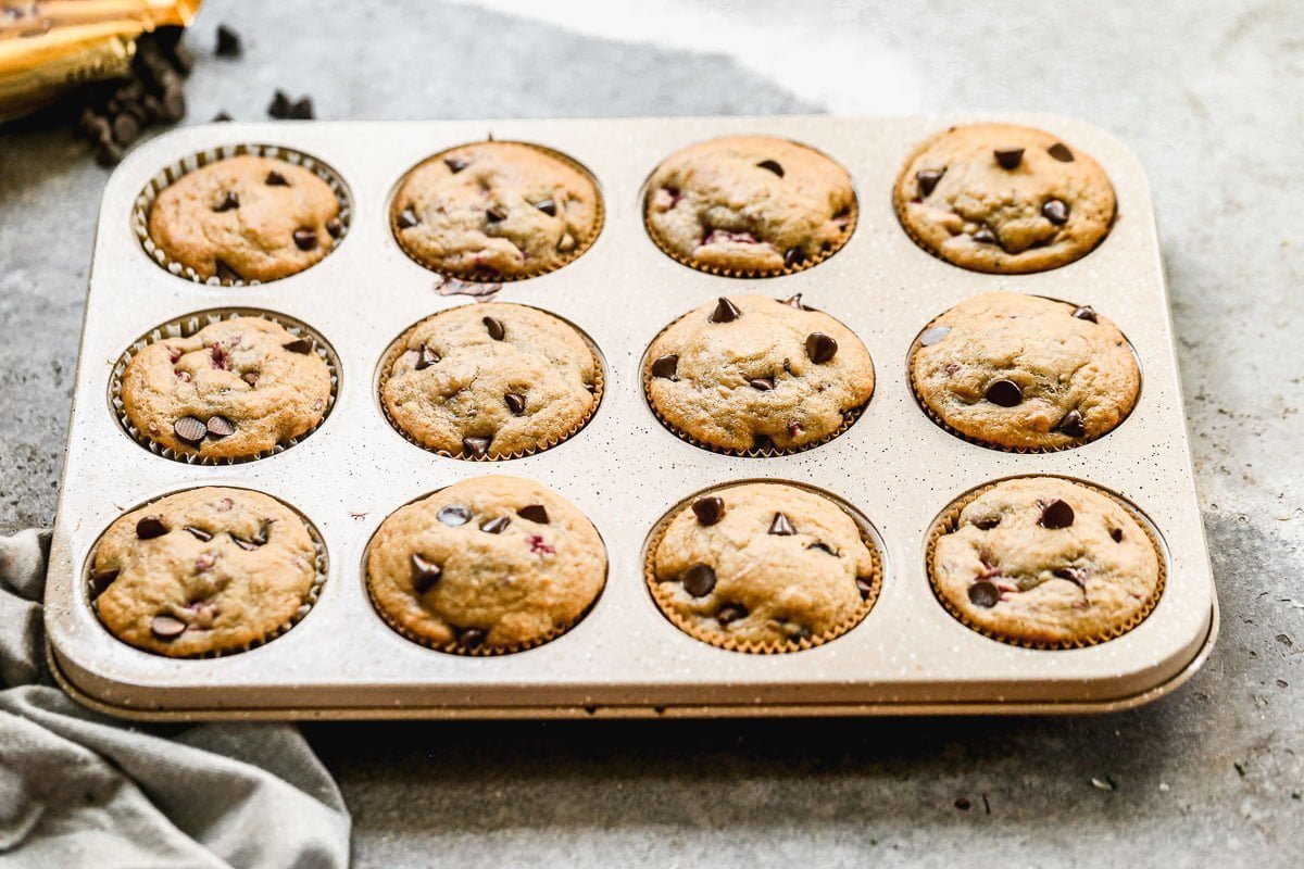 Chocolate Raspberry Muffins in the muffin tin.