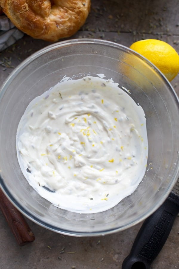 low-fat mayo, plain greek yogurt, lavender, lemon zest and salt whisked together.