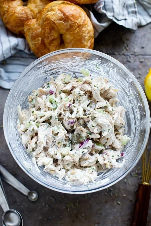 Shredded chicken, red onion, celery, cashews, chives and lavender lemon mayonnaise. 