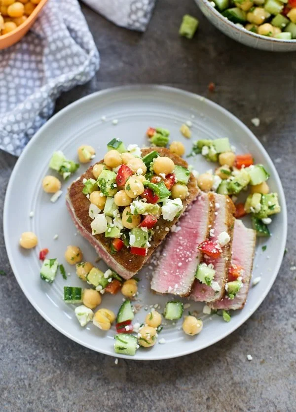 Seared Ahi Tuna with Chickpea Cucumber Salad