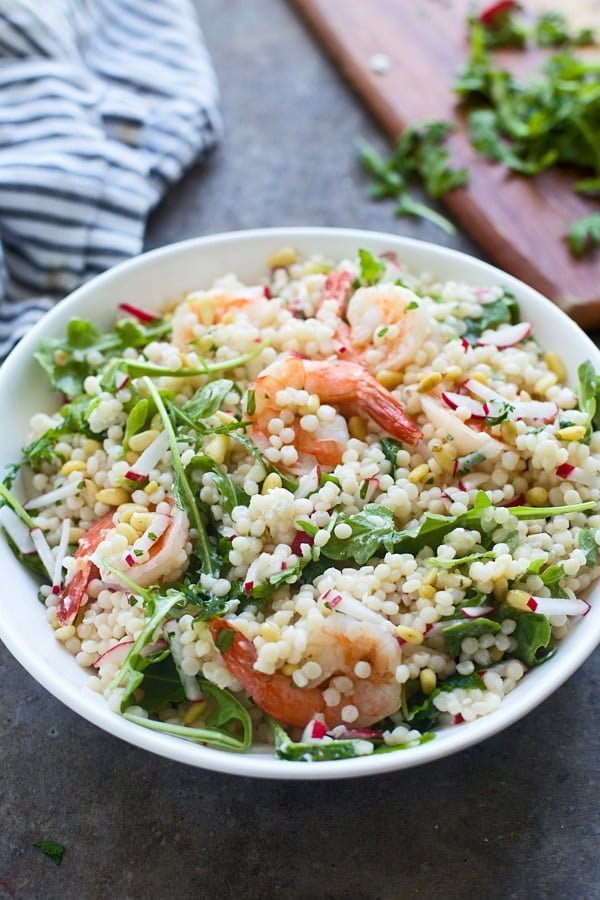 Shrimp Israeli Couscous Salad with arugula, goat cheese, pine nuts and a lemon vinaigrette