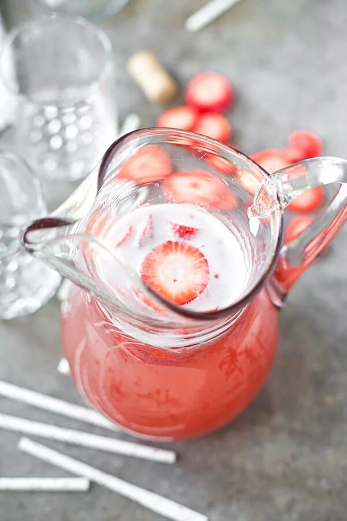 Serve in a big pitcher with lots of strawberries and raspberries