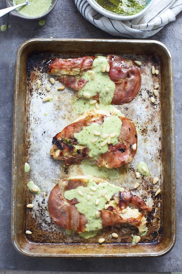 Grilled Prosciutto Chicken with Pesto Cream Sauce