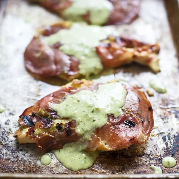 Grilled Prosciutto Chicken with Pesto Cream Sauce