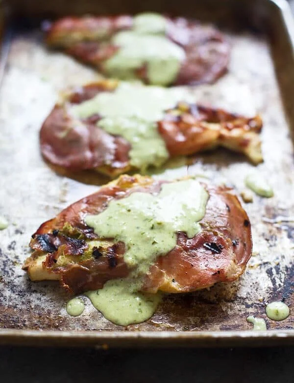 Grilled Prosciutto Chicken with Pesto Cream Sauce