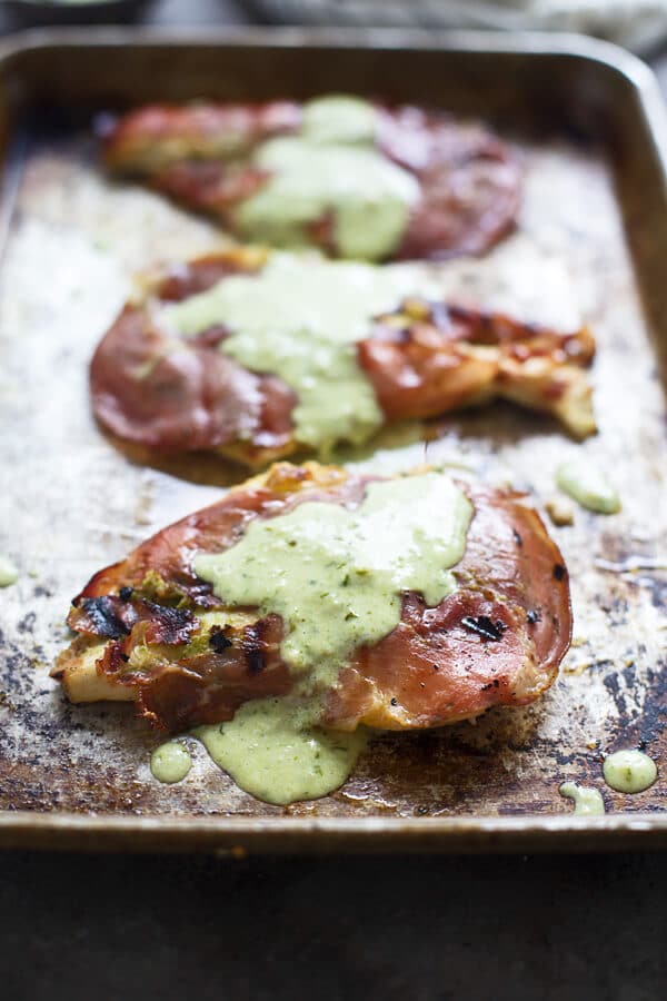 Grilled Prosciutto Chicken with Pesto Cream Sauce