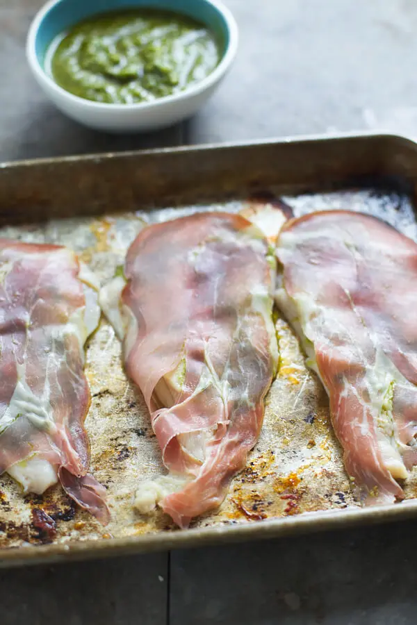 Grilled Prosciutto Chicken with Pesto Cream Sauce