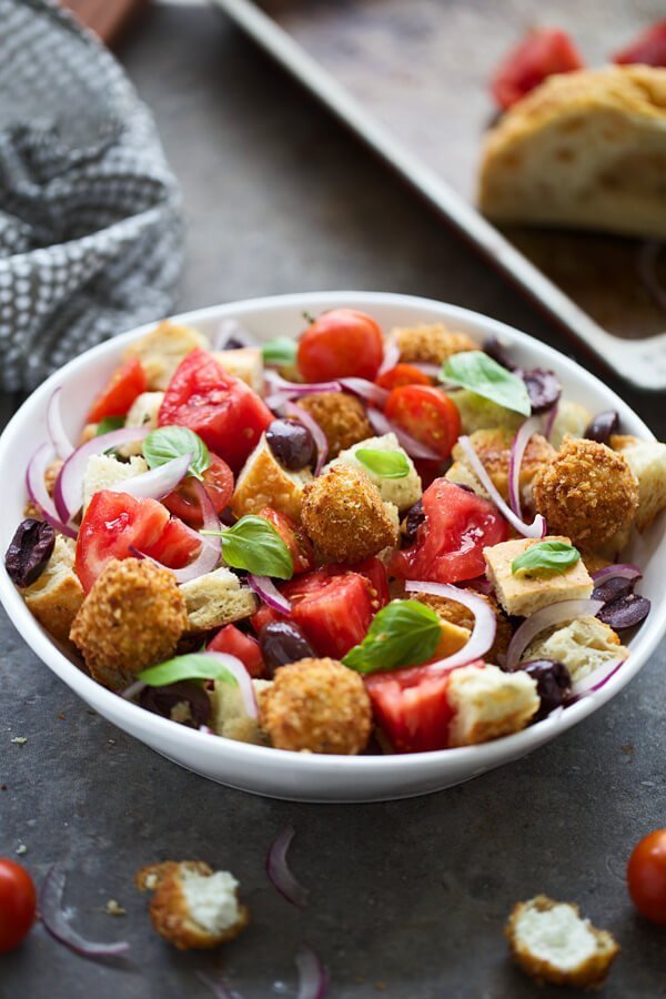 Greek Panzanella with Fried Goat Cheese Balls - Cooking for Keeps