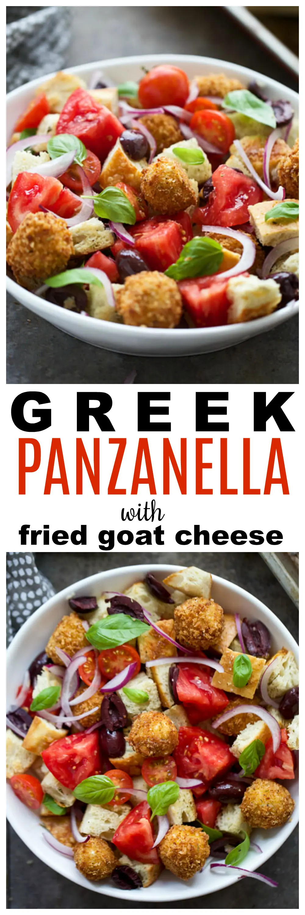 Greek Panzanella Salad with Fried Goat Cheese Balls