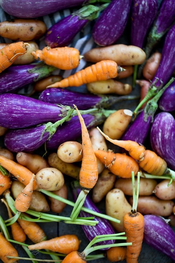 Farmer's market carrots, baby eggplant and fingerling potatoes