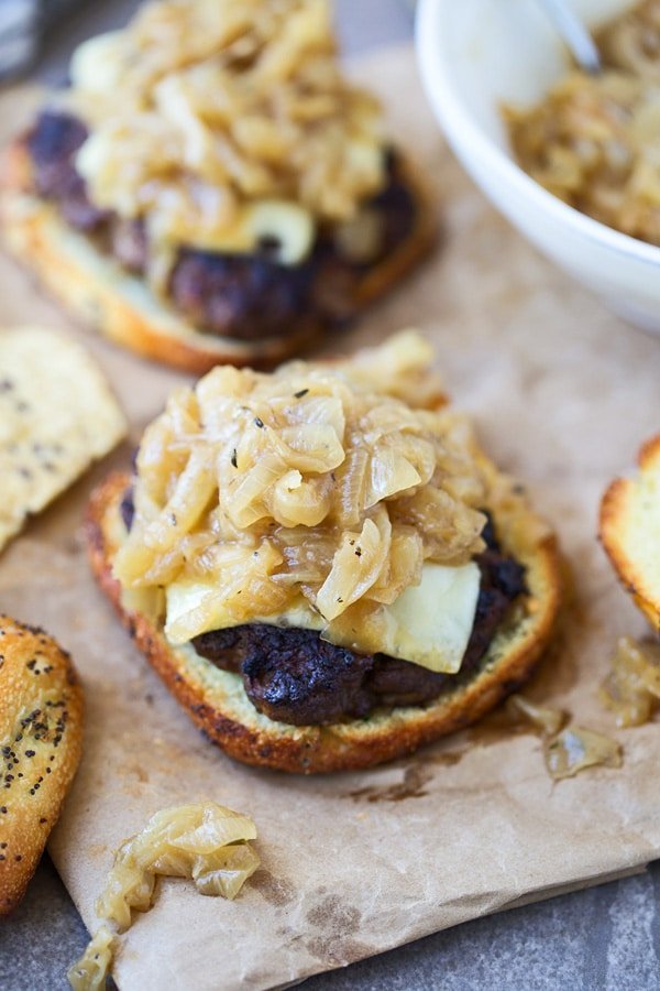 French Onion Cheeseburgers - Sweet onions, swiss cheese and beef patties