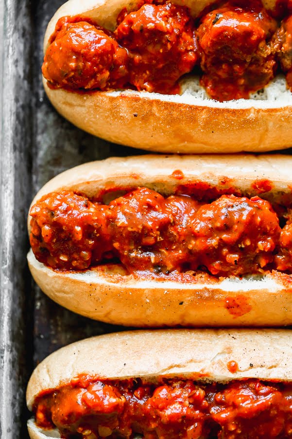 Turkey meatball subs in crispy hoagies