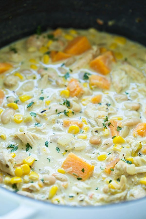 Creamy Corn & Sweet Potato Chicken Chili - Cooking for Keeps