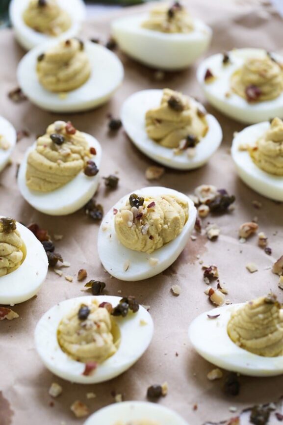 Brown Butter Deviled Eggs with Crispy Capers and Hazelnuts Cooking