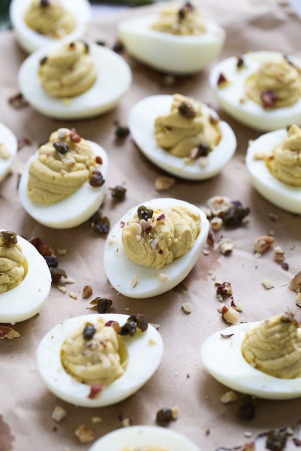 Brown Butter Deviled Eggs with Crispy Capers and Hazelnuts