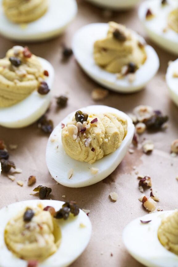 Brown Butter Deviled Eggs with Crispy Capers and Hazelnuts Cooking