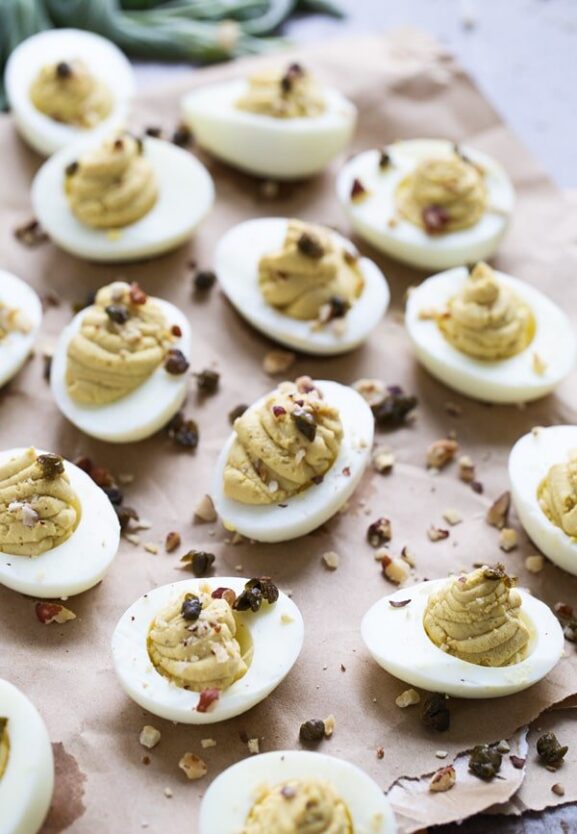 Brown Butter Deviled Eggs with Crispy Capers and Hazelnuts Cooking for Keeps