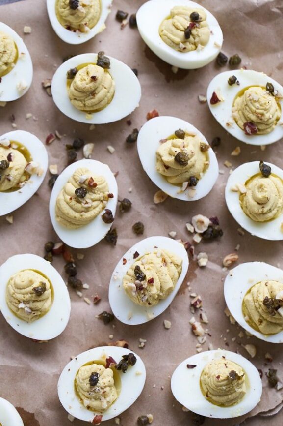 Brown Butter Deviled Eggs with Crispy Capers and Hazelnuts Cooking