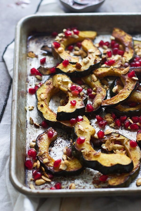 20 Non-Traditional Thanksgiving Sides: Roasted Brown Butter Acorn Squash with Pomegranates