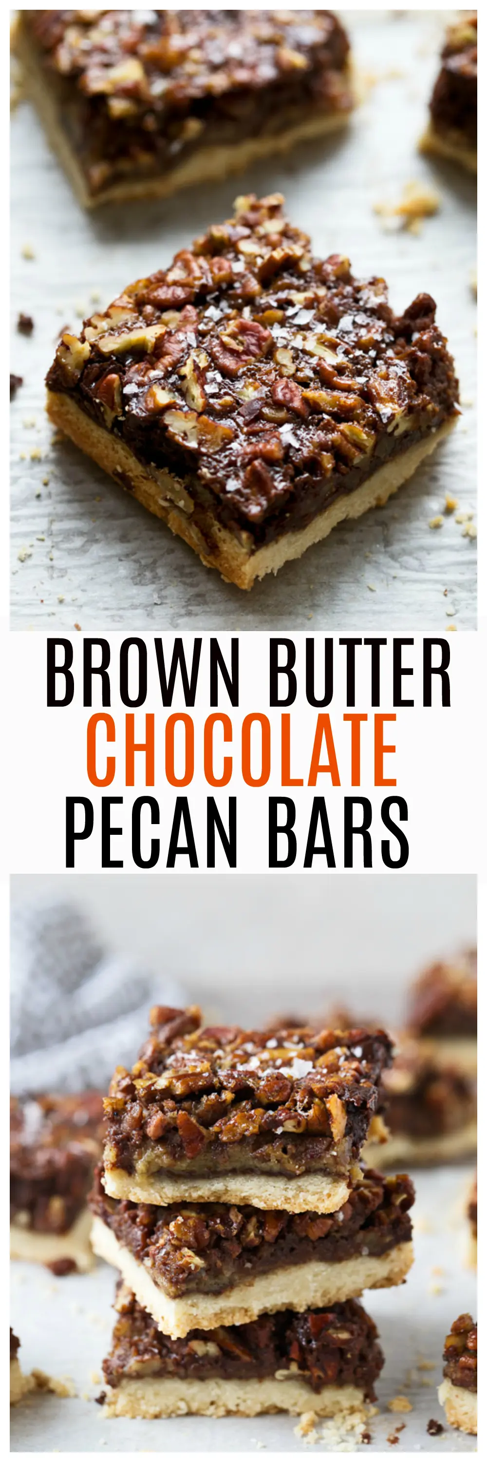 Brown Butter Chocolate Pecan Bars - Layers of salted shortbread, rich chocolate ganache and bourbon brown butter pecan filling. 
