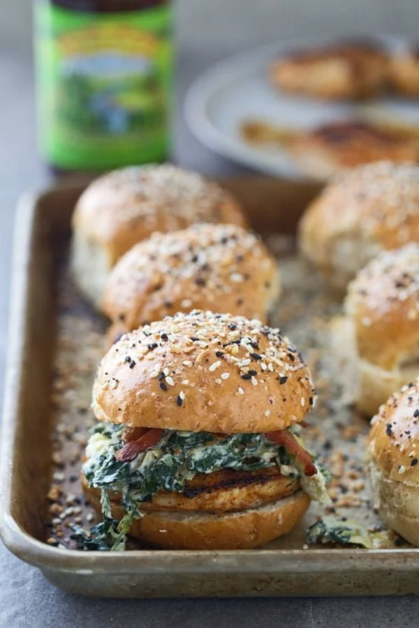 Blackened Spinach Artichoke Chicken Sliders with bacon