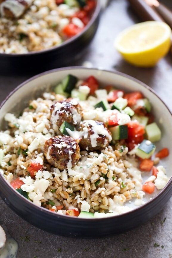 Greek Meatball Farro Bowls with Easy Tahini Sauce Cooking for Keeps