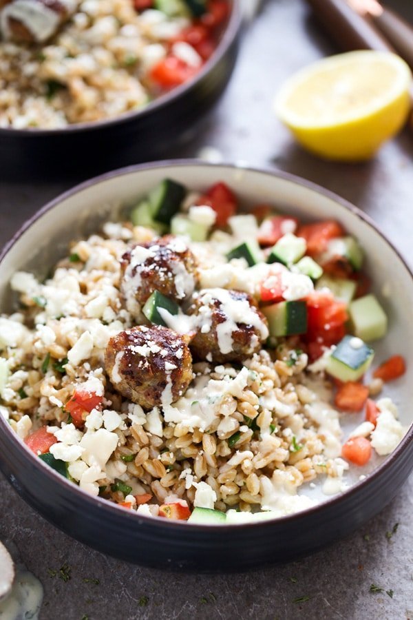 Greek Meatball Farro Bowls with Easy Tahini Sauce