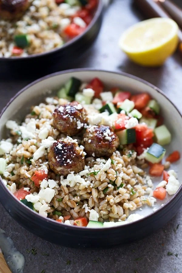Greek Meatball Farro Bowls with Easy Tahini Sauce