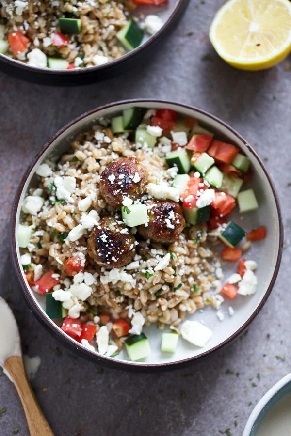 Greek Meatball Farro Bowls with Easy Tahini Sauce