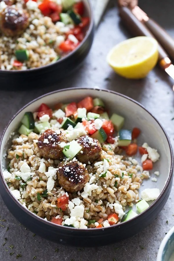 Greek Meatball Farro Bowls with Easy Tahini Sauce