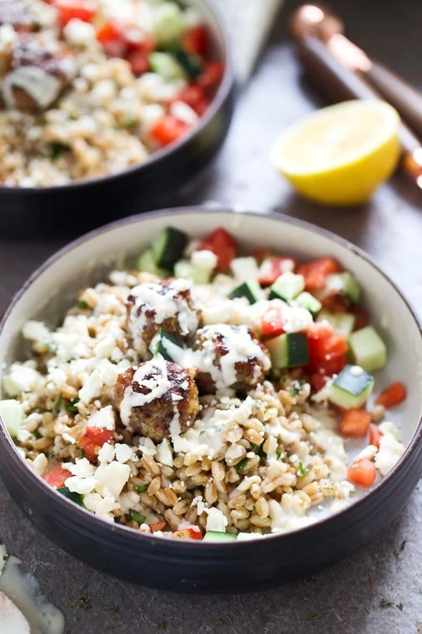 Greek Meatball Farro Bowls with Easy Tahini Sauce