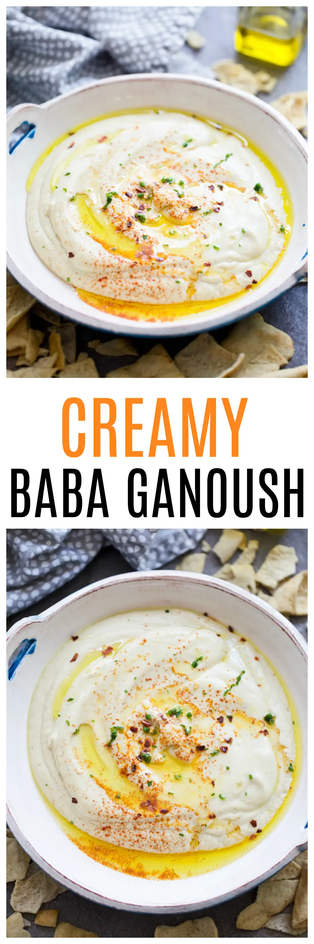 Creamy Baba Ganoush: Pureed eggplant, a hint of honey, lemon juice, salt, plain Greek yogurt and tahini make up this luscious dip!