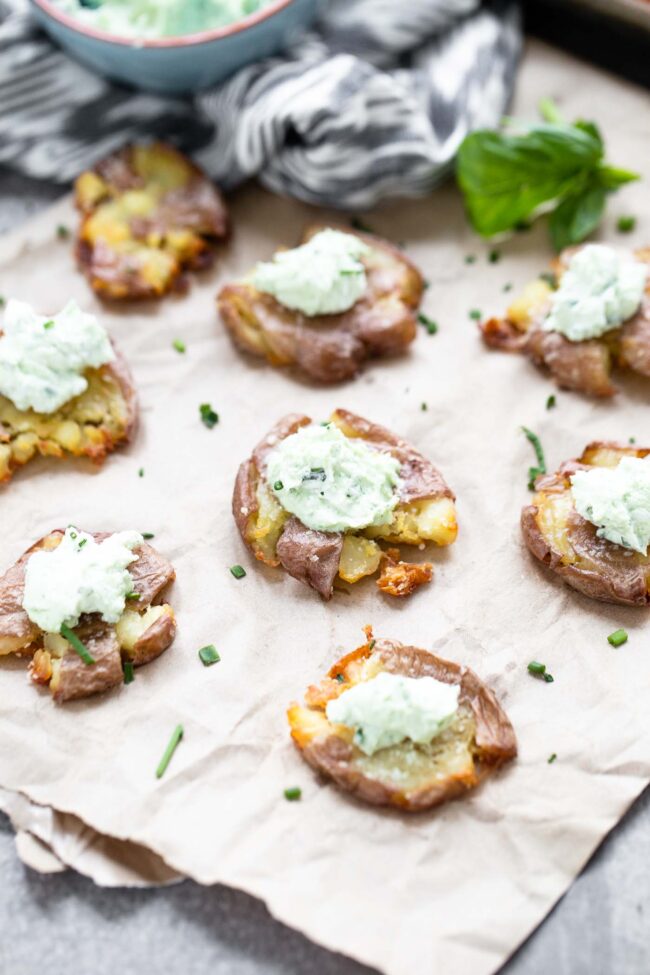 Crispy Smashed Potatoes with Green Goddess Goat Cheese Cooking for Keeps