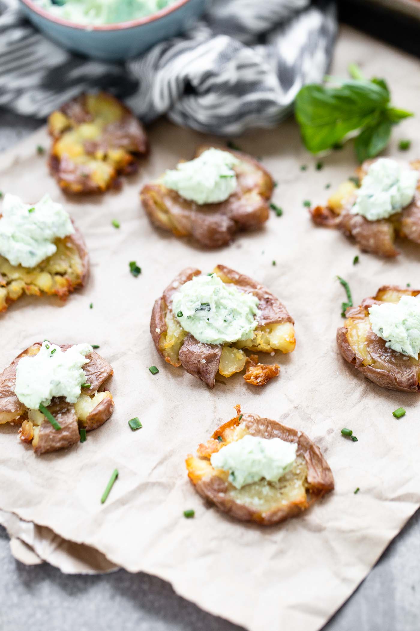 Crispy Smashed Potatoes with Green Goddess Goat Cheese