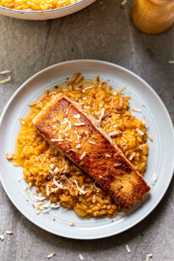 Coconut Curry Risotto with Crispy Salmon - Cooking for Keeps