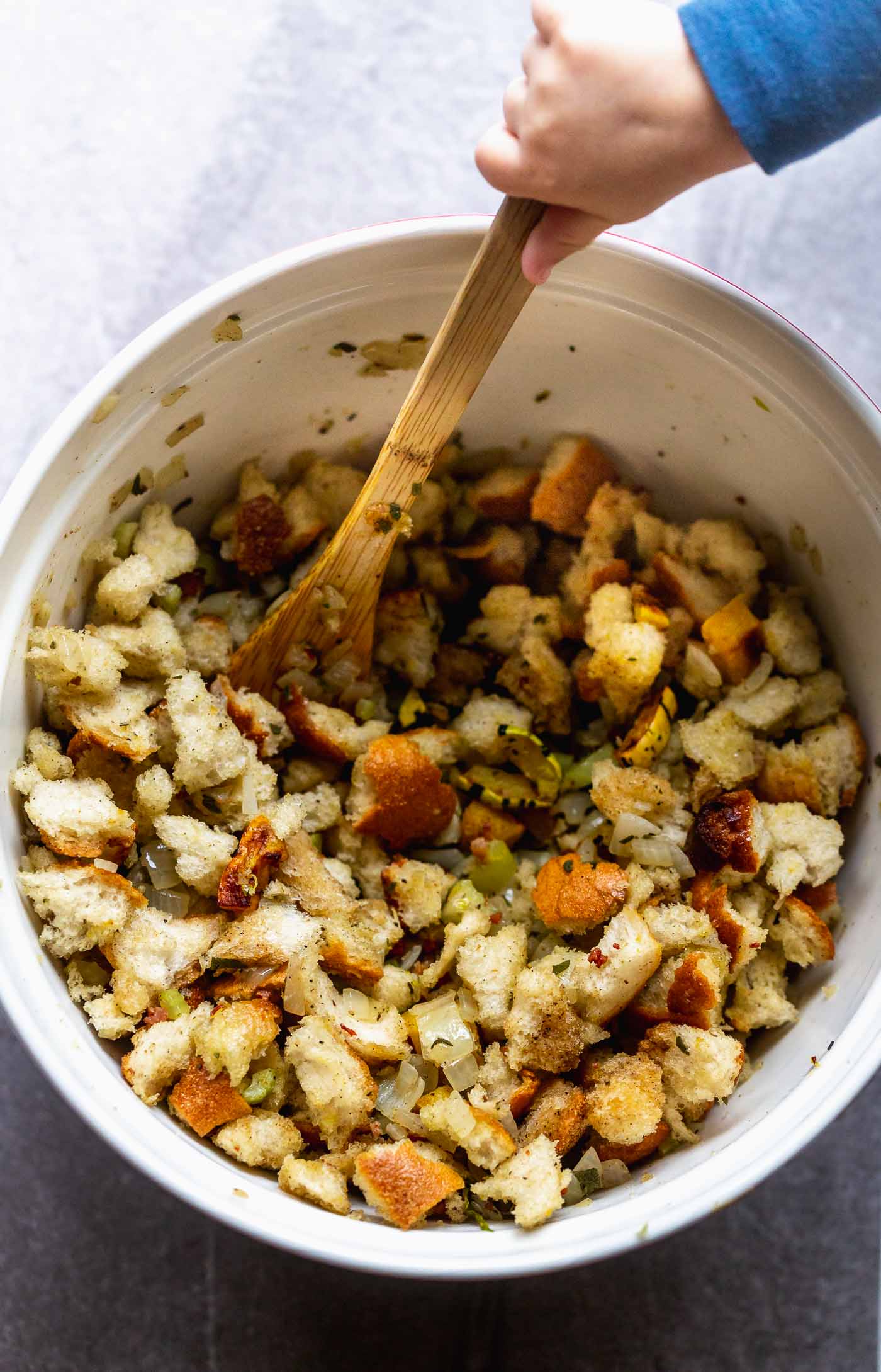 Delicata Squash, Sage and Pancetta Stuffing is a classic stuffing, updated. It has the flavor of the original with the addition of sweet squash, salty pancetta and nutty brown butter. A crowd pleaser for sure! 