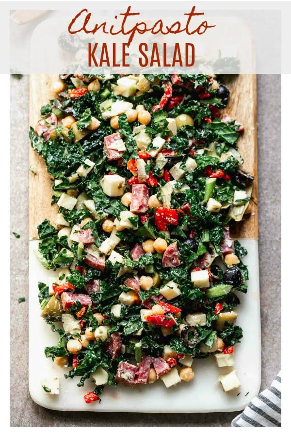 Easy Antipasto Kale Salad: All of your favorite charcuterie board ingredients tossed with chopped kale and an easy vinaigrette.